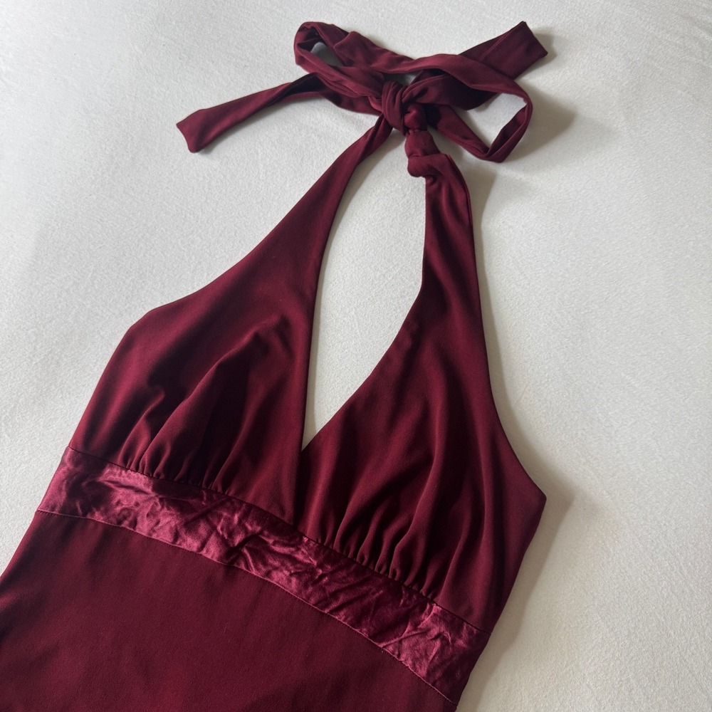 Vtg Y2K Babydoll Halter Dress Burgundy Handkerchief Hem Satin Romantic DarkFairy